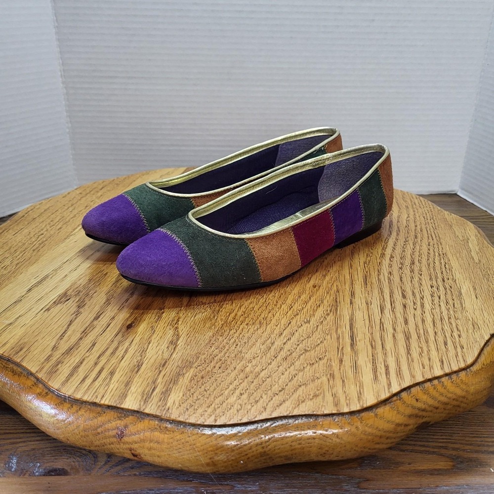 VTG AJ Valenci Colorblock Striped Suede Leather Flats Shoes Women's Size 7M